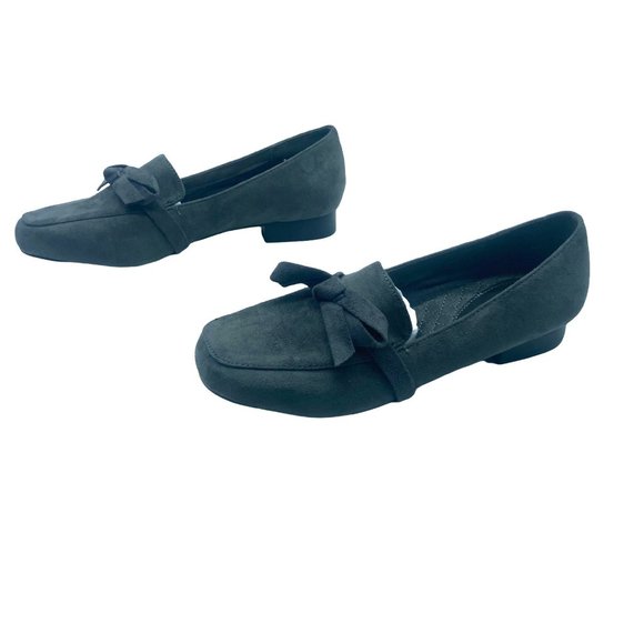 NWOT Haband Women 7 Mushrooms Dark Gray Top Bow Faux Suede Slip On Loafers Shoe - Picture 1 of 7